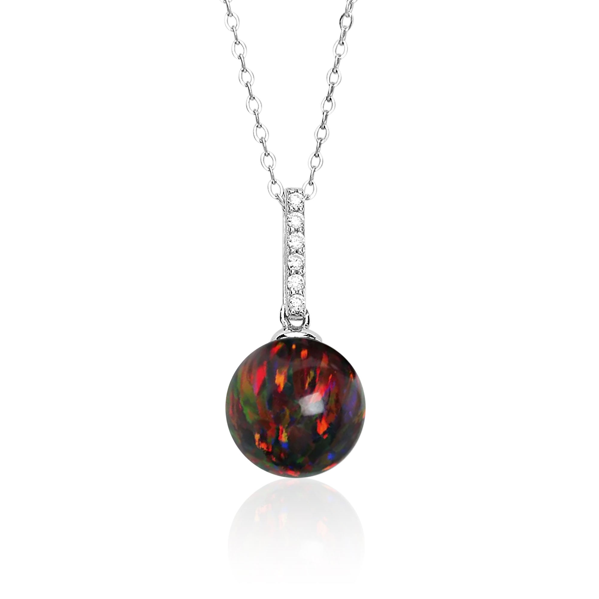 Black Fire Opal Pendant Necklace in Sterling Silver, 10 MM Round