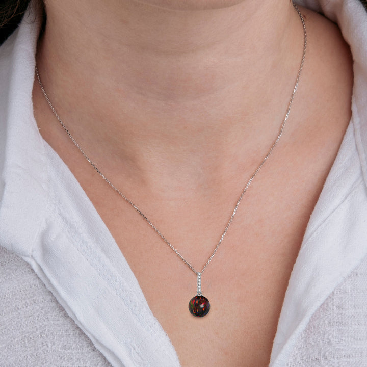 Black Fire Opal Pendant Necklace in Sterling Silver, 10 MM Round, Rhodium Plated