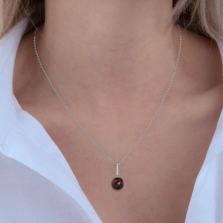Black Fire Opal Pendant Necklace in Sterling Silver, 10 MM Round, Rhodium Plated