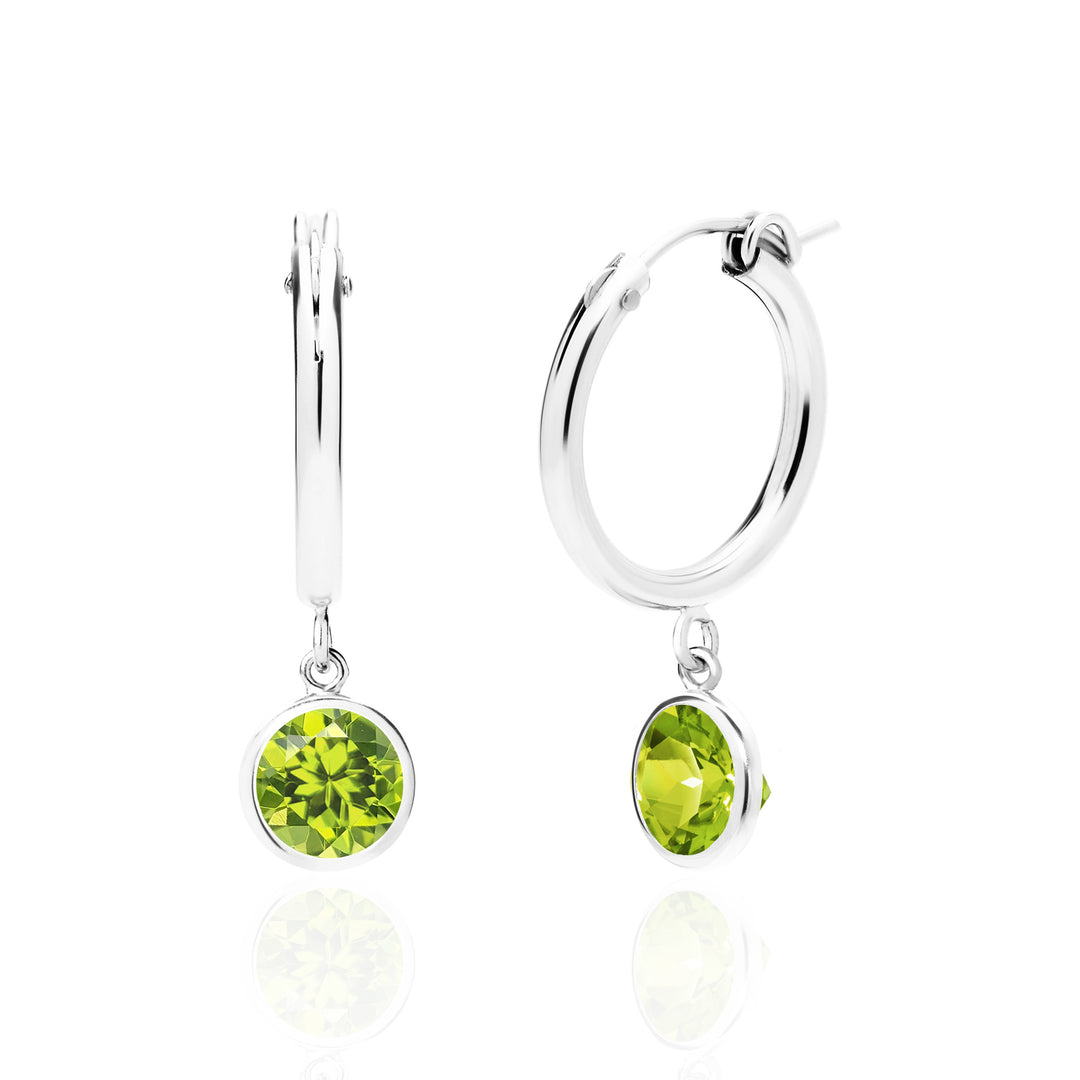 Peridot Drop Hoop Earrings, 14K Gold Filled, 6mm Round Dangling Charms