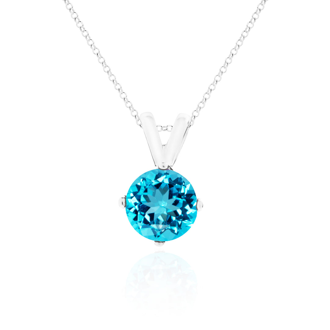 Sterling silver necklace with an 8mm round Swiss blue topaz pendant, vivid Mediterranean blue, prong-set, rolo chain.