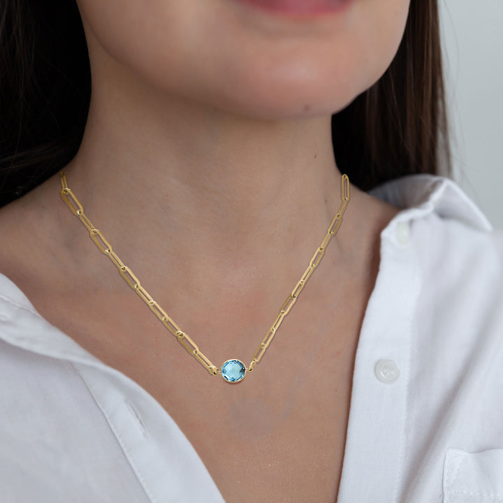 Blue Topaz Paperclip Chain Necklace in 14K Gold Filled, 16 or 18 Inch