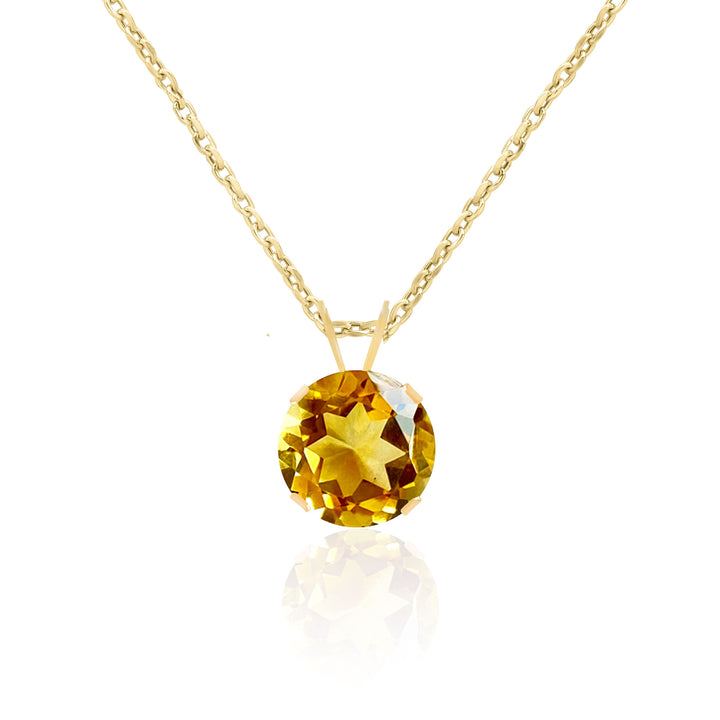 Citrine Solitaire Pendant Necklace 14K Gold - 2 Ct 8 mm Round, AAA Quality Natural