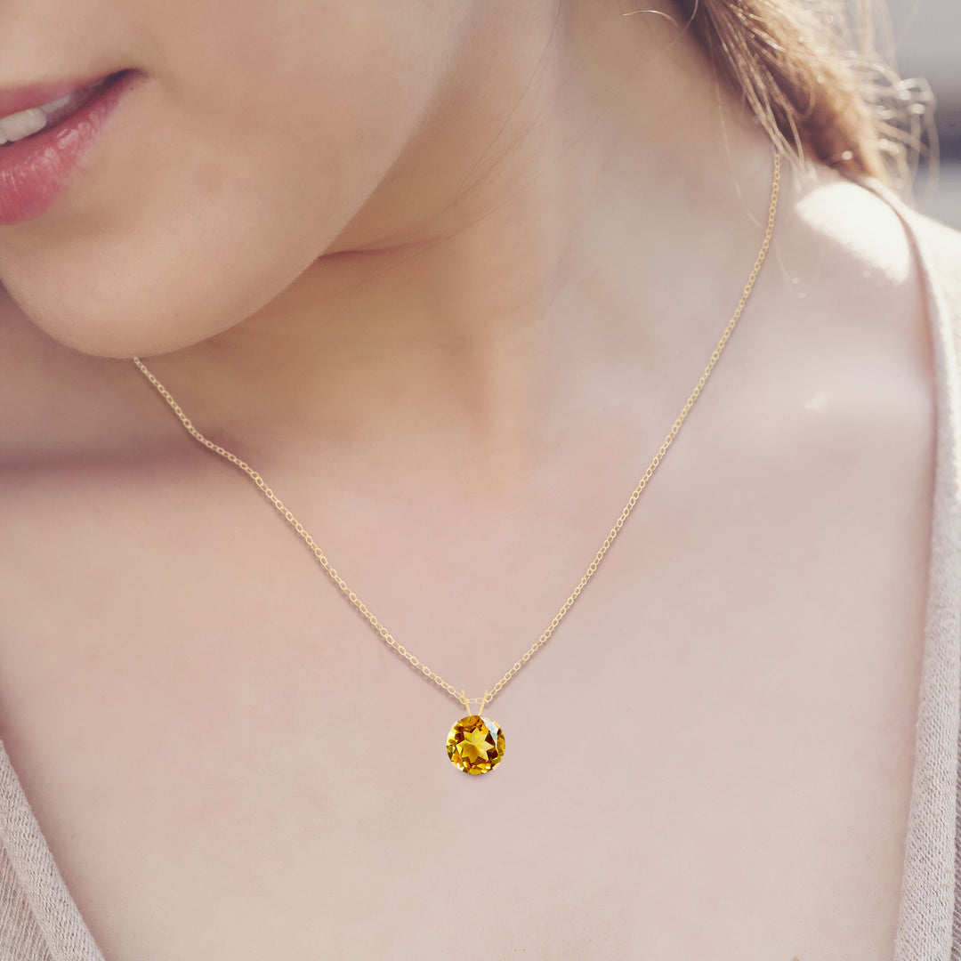 Citrine Solitaire Pendant Necklace 14K Gold - 2 Ct 8 mm Round, AAA Quality Natural