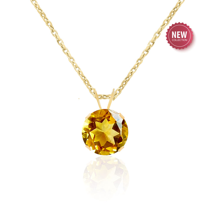 Citrine Solitaire Pendant Necklace 14K Gold - 2 Ct 8 mm Round, AAA Quality Natural