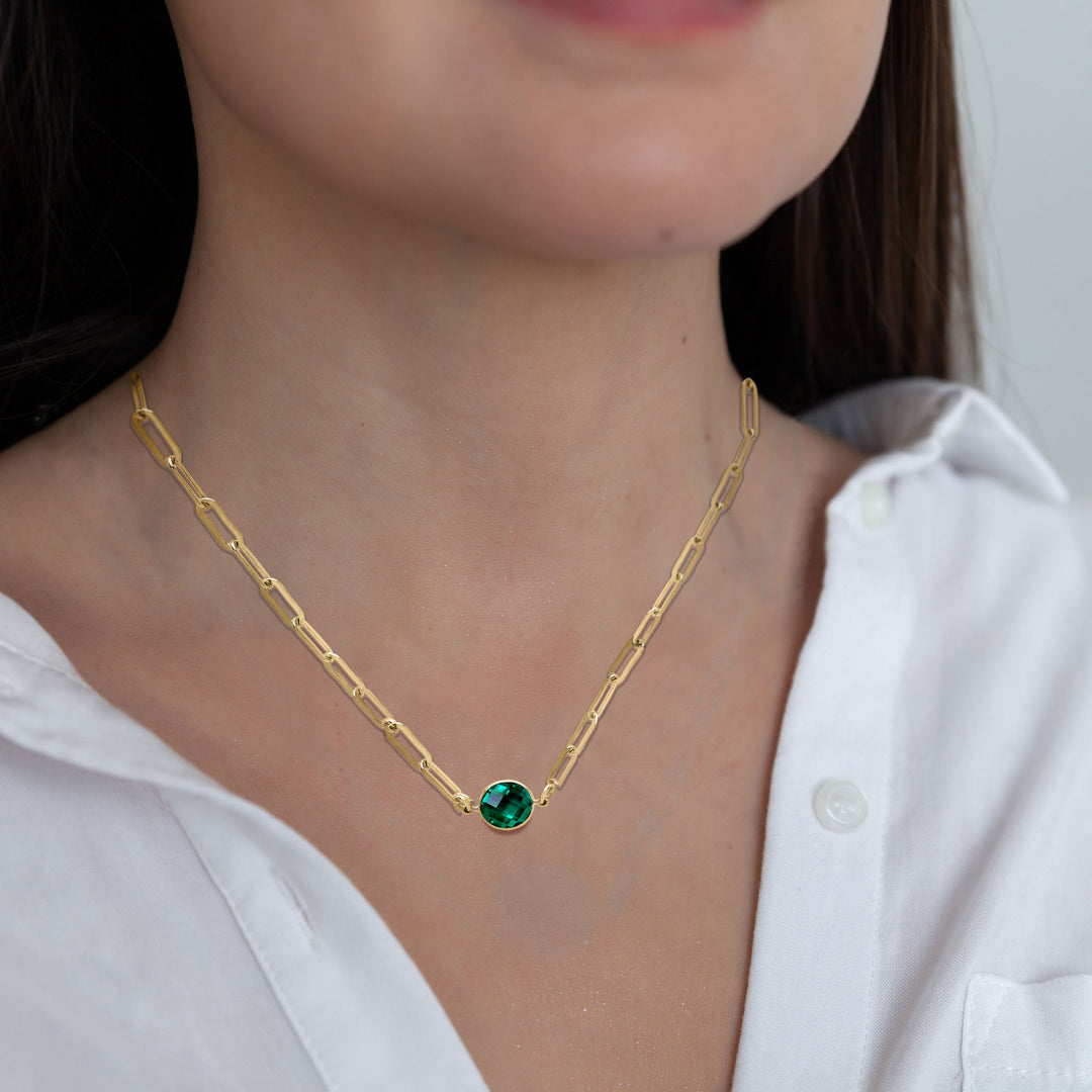 Collar de cadena con clip de esmeralda creado en laboratorio en oro de 14 quilates, 16 o 18 pulgadas