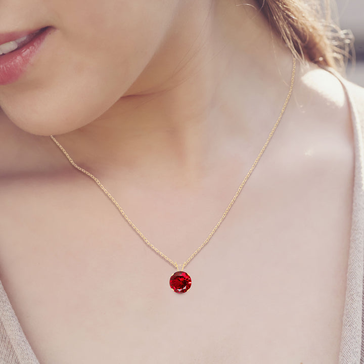 Lab Created Ruby Solitaire Pendant Necklace 14K Gold - 8 mm Round, AAA Quality