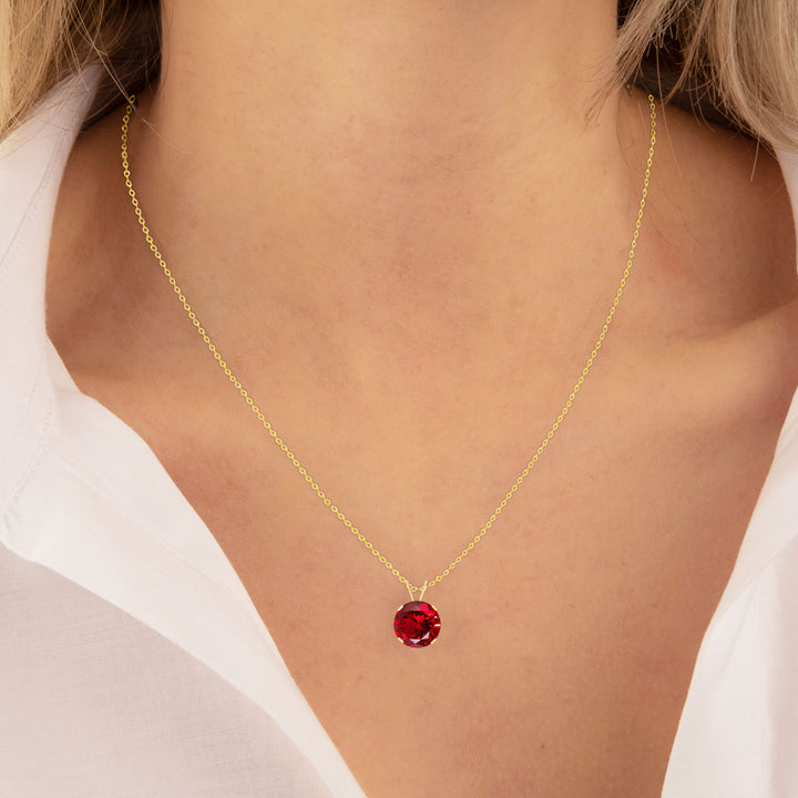 Lab Created Ruby Solitaire Pendant Necklace 14K Gold - 8 mm Round, AAA Quality