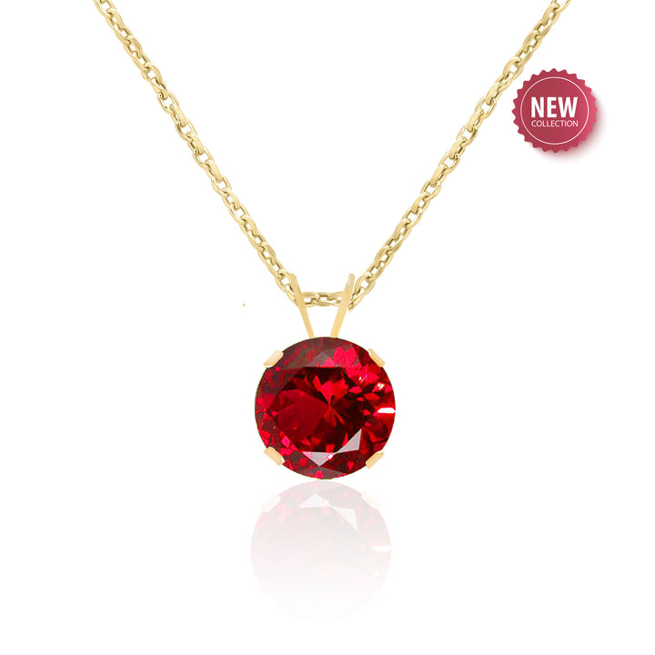 Lab Created Ruby Solitaire Pendant Necklace 14K Gold - 8 mm Round, AAA Quality