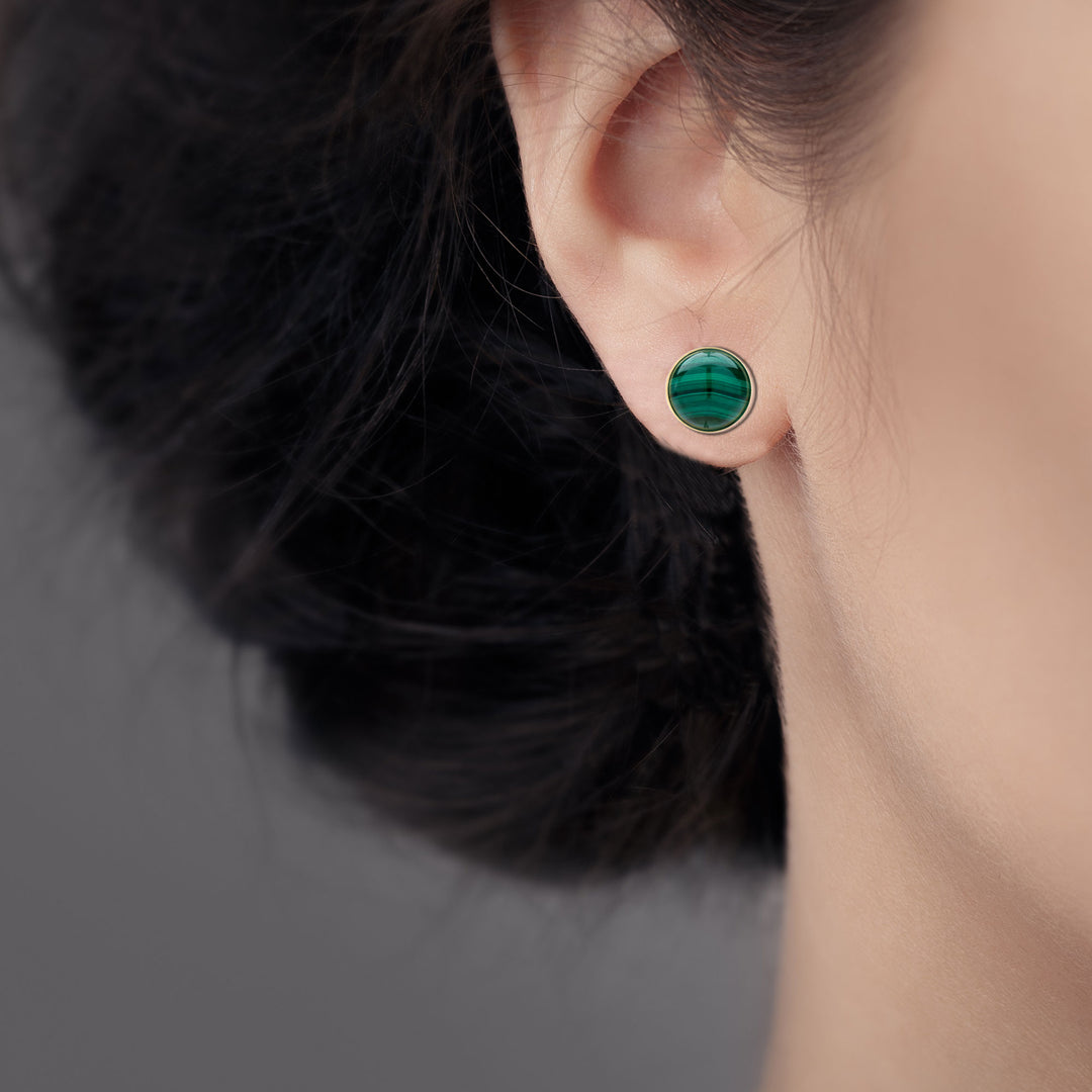 10 mm Round Green Malachite Stud Earrings for Women in 14K Gold-filled