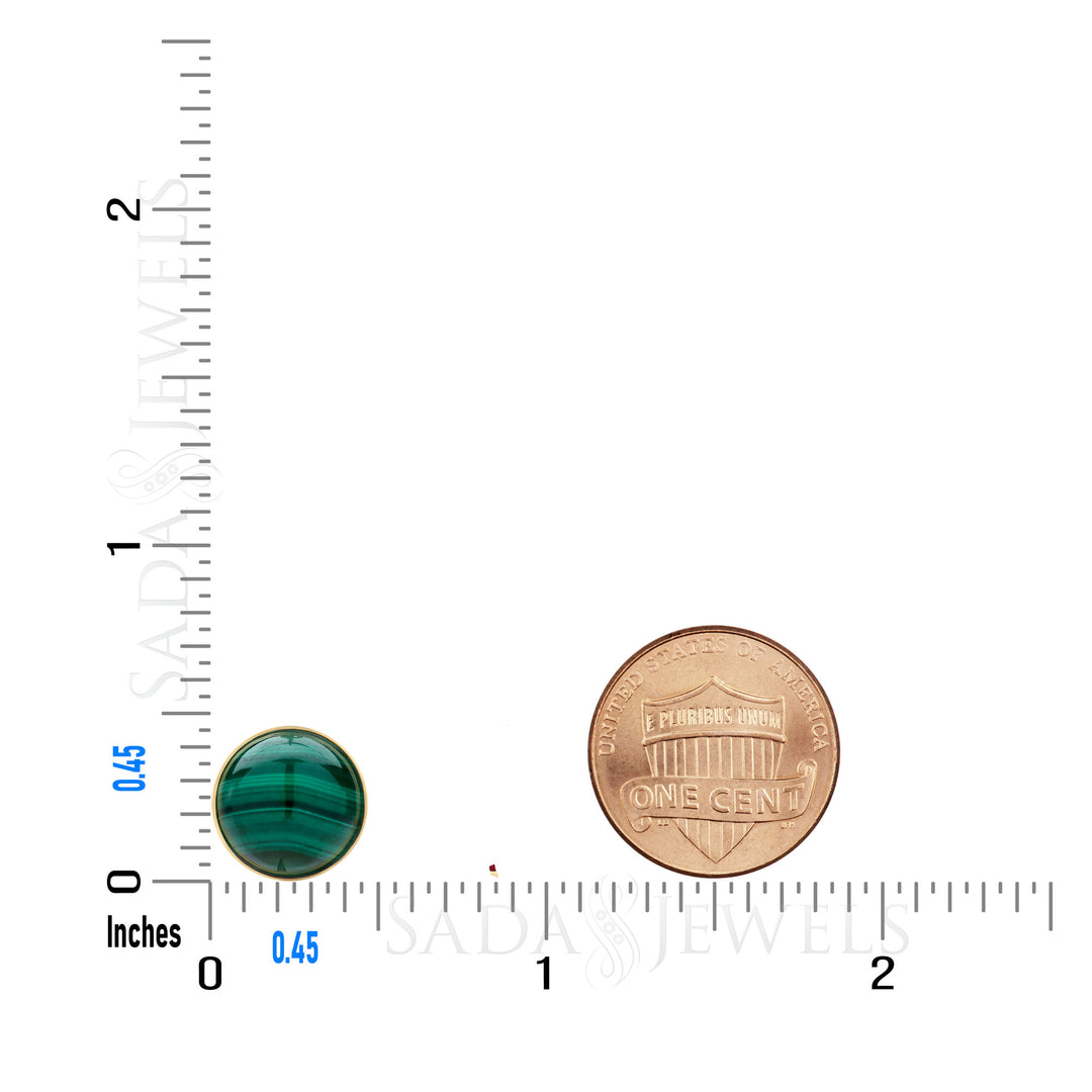Aretes redondos de malaquita verde de 10 mm para mujer en baño de oro de 14 quilates