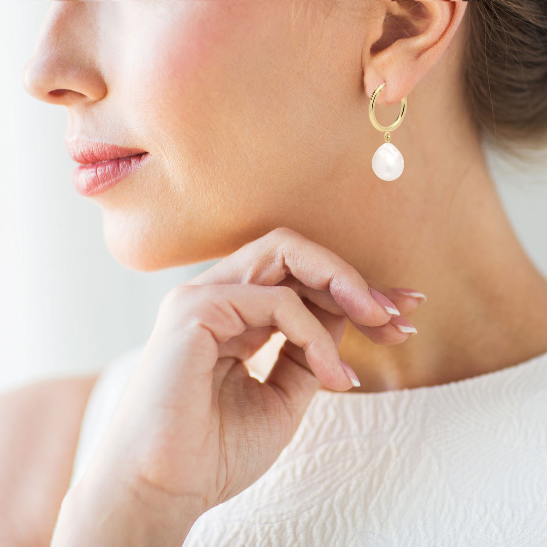 13-15mm Baroque Pearl Hoop Earrings for Women in 14K Gold Filled