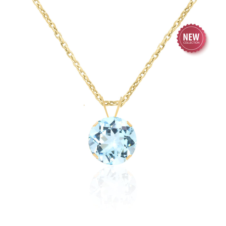 Natural Aquamarine Solitaire Pendant Necklace 14K Gold, 8 mm Round, AA Quality Natural