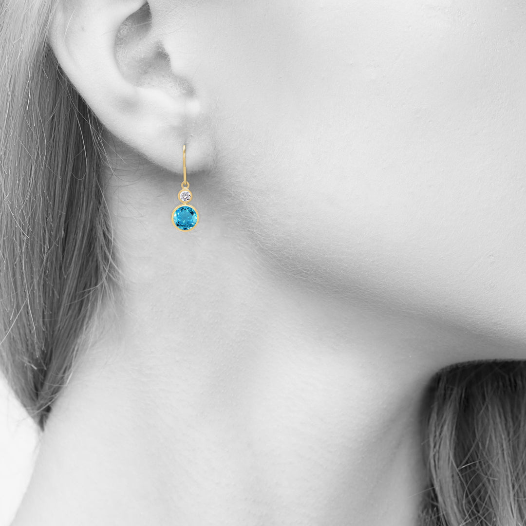 Swiss Blue Topaz Earrings in 14K Solid Gold, 6MM Round