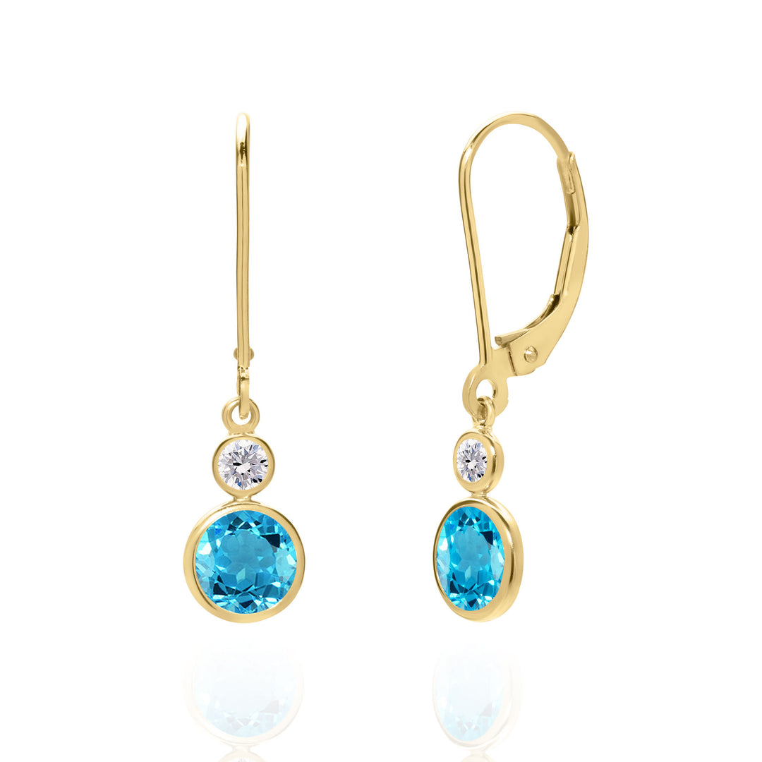 Swiss Blue Topaz Earrings in 14K Solid Gold, 6MM Round