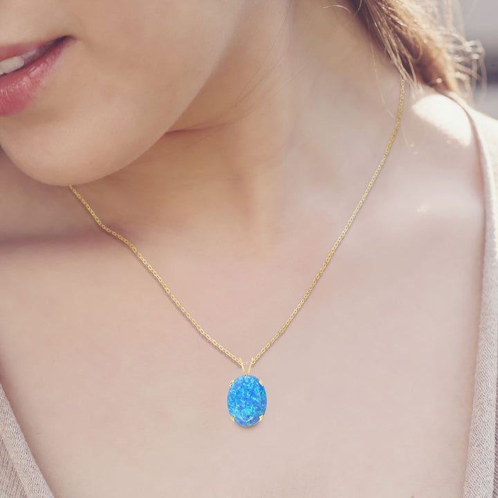 Blue Opal Pendant Necklace- 14x10 Oval, Kyocera Lab Created