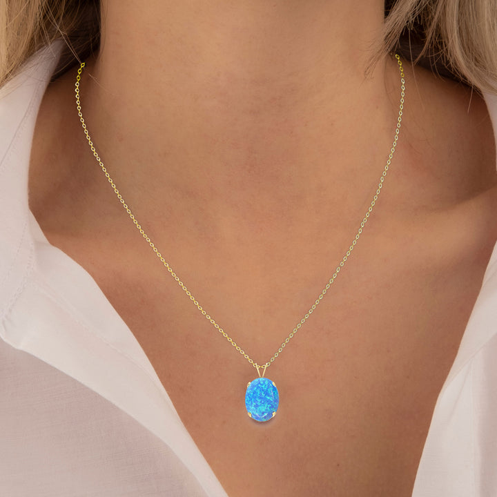 Blue Opal Pendant Necklace- 14x10 Oval, Kyocera Lab Created