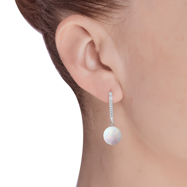 Opal Earrings for Women in Sterling Silver, 10 mm Round, Rhodium Plated
