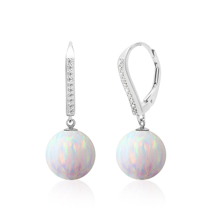 Opal Earrings for Women in Sterling Silver, 10 mm Round, Rhodium Plated
