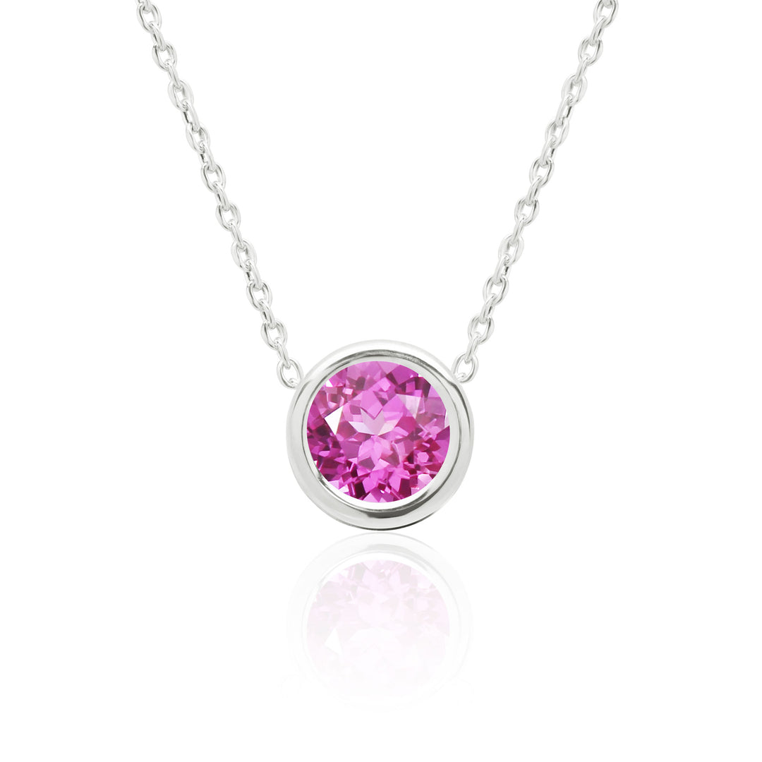 Lab Created Pink Sapphire Solitaire Floating Pendant Necklace in Sterling Silver, 8 mm Round