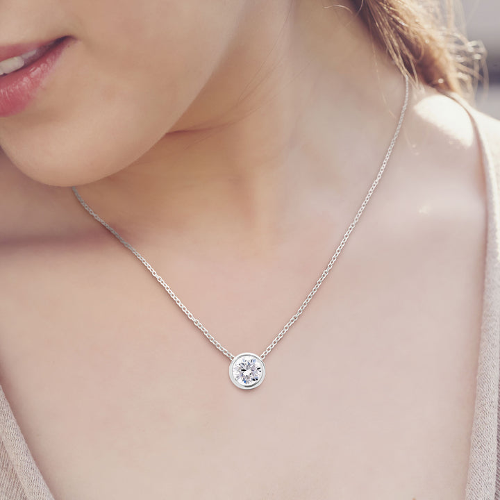 White Topaz Solitaire Floating Necklace in Sterling Silver, 8 mm Round