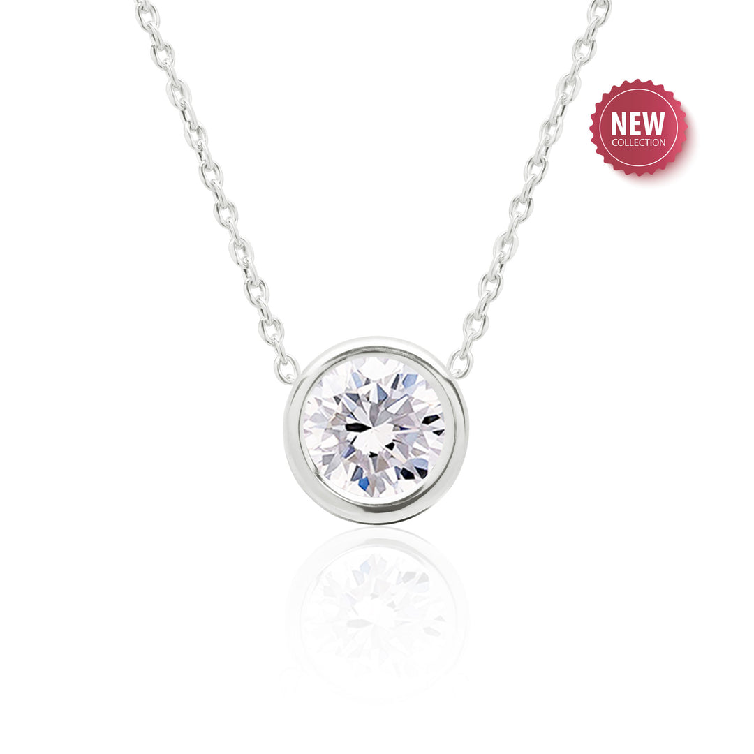 White Topaz Solitaire Floating Necklace in Sterling Silver, 8 mm Round