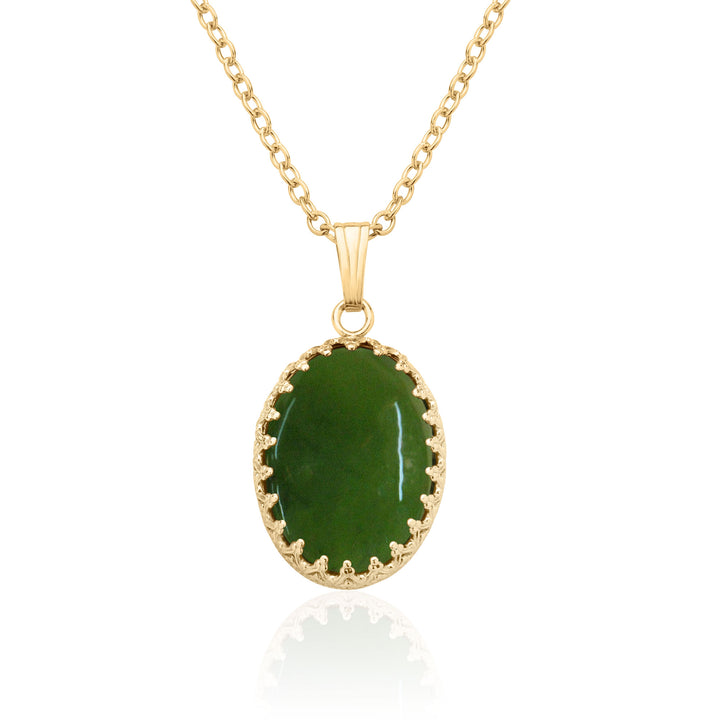 Collar con colgante de jade grande en plata de ley o chapada en oro de 14 quilates, ovalado, 18 x 13 mm